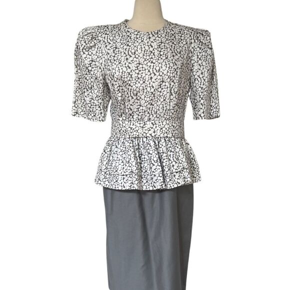 Flattering Vintage 80s Structured Peplum Polka Dot Contrast Dress - Picture 6 of 8
